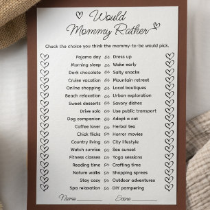 La carte de jeu pour maman plutôt Baby shower