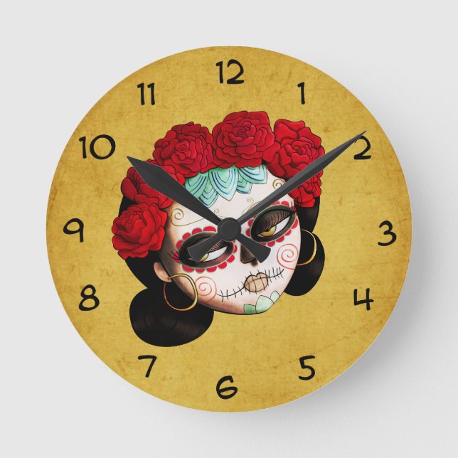 La Catrina - Dia de Los Muertos Girl Runde Wanduhr (Vorderseite)