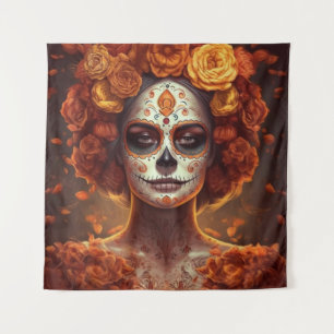 La Catrina Ringelblume Día de los Muertos Zuckersc Wandteppich