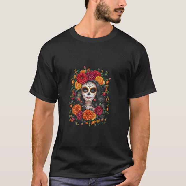 La Catrina Sugar Skull Blume Design T Shirt (Vorderseite)