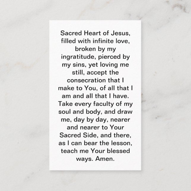 La consécration à la carte de prière du Sacré-Coeu (Dos)