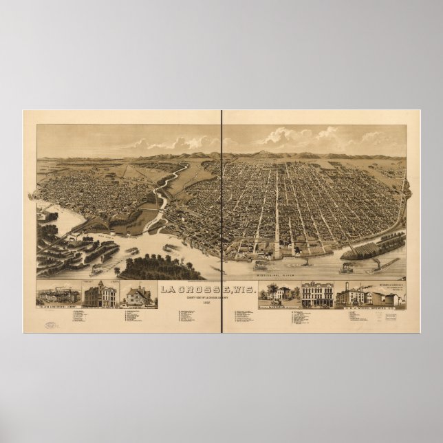 La Crosse WI 1887 Antique Panoramabalkarte Poster (Vorne)