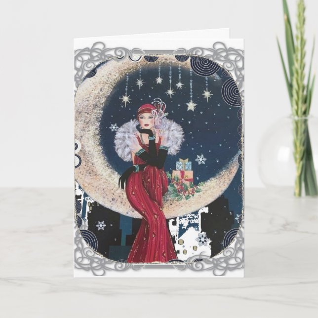 La Dame Art Déco Sur La Lune Carte De Noël (Devant)