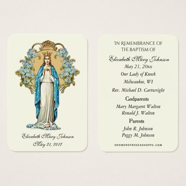 La dame de Knock Baptême Christening Carte de souv (Devant & derrière)