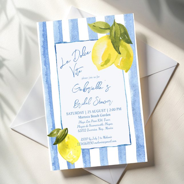 La Dolce Vita blaue Streifen Zitronen Brautparty Einladung (La Dolce Vita jandrawn blue stripes lemons retro Italian bridal shower Invitation cards template)