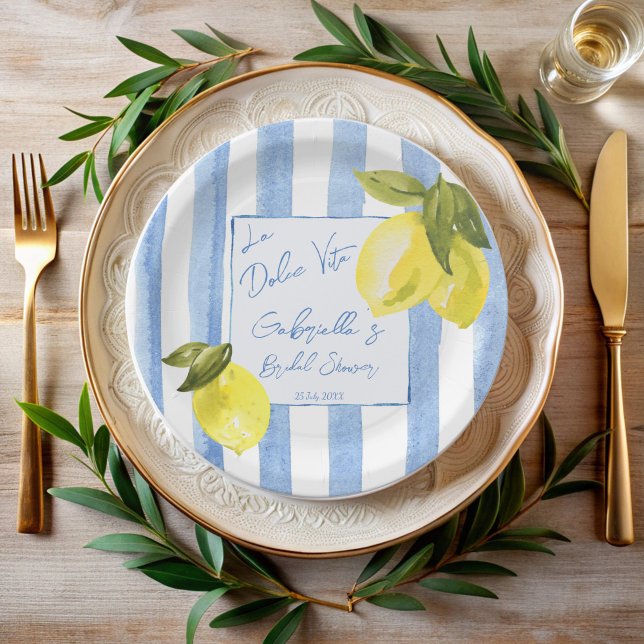 La Dolce Vita blaue Streifen Zitronen Brautparty Pappteller (La Dolce Vita handrawn blue stripes lemons Italian bridal shower personalized Paper Plates)