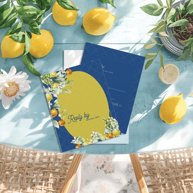 La Dolce Vita Citrus Luxe Blue Gold Wedding Reply RSVP Karte (La Dolce Vita Citrus Luxe Blue Gold Wedding Reply RSVP Card)