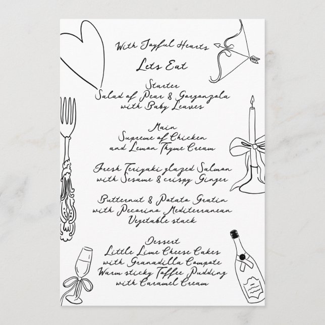 La Dolce Vita Doodle Handgeschriebene Hochzeit Menükarte (Vorderseite)