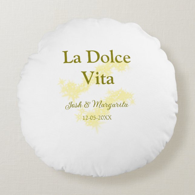 La Dolce Vita gelbe Hochzeitsgesellschaft Name Dat Rundes Kissen (Vorderseite)