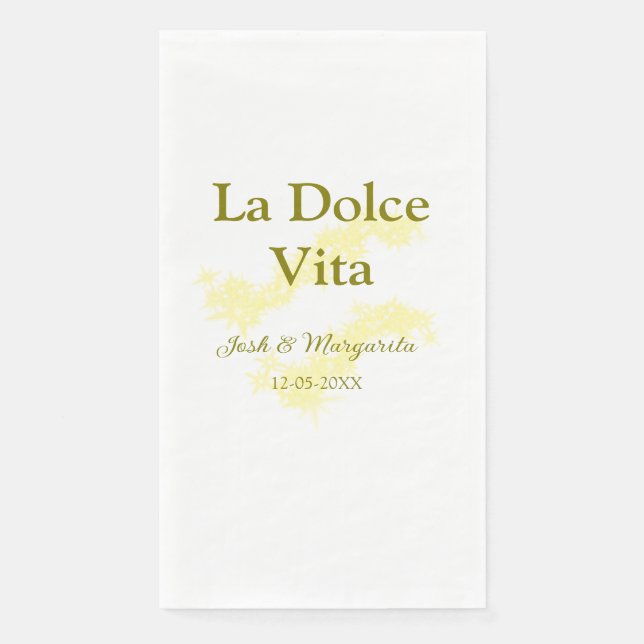La Dolce Vita gelbe Hochzeitsgesellschaft Name Dat Serviette (Vorderseite)
