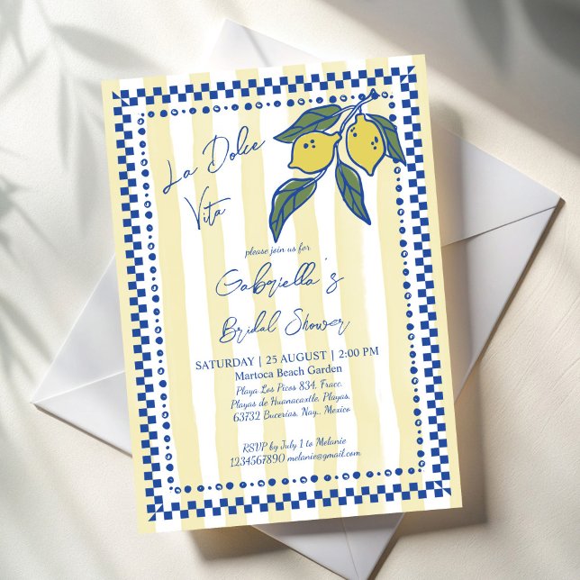 La Dolce Vita gelbe Streifen Zitronen Brautparty Einladung (La Dolce Vita retro yellow stripes hand drawn lemons Italian bridal shower Invitation cards template)
