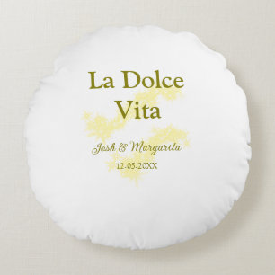 La Dolce Vita gelbes Hochzeitspaar Name Datum Glit Rundes Kissen