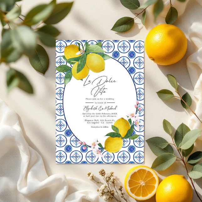 La Dolce Vita Italian Lemon Tiles Wedding QR Code Einladung (La Dolce Vita Italian Lemon Tiles Wedding QR Code Invitation)