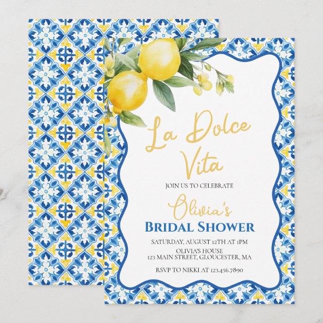 La Dolce Vita Lemon Brautparty mit Blumenstrauß im Einladung (Vorne/Hinten)