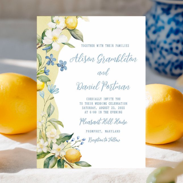 La Dolce Vita Lemon Faire-part de mariage Floral (Celebrate your big day with this lemon and wildflower invite inspired by vibrant Italian living.)