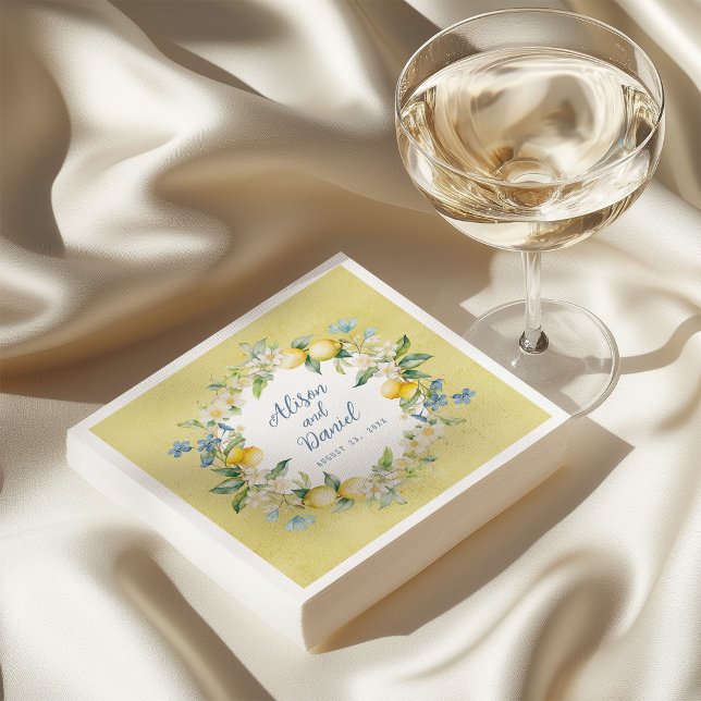 La Dolce Vita Lemon Floral Wedding Paper Napkin Serviette (Elegant yellow napkin with watercolor lemon and floral wreath, perfect for weddings and parties.)