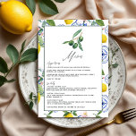 La Dolce Vita Lemon & Olive Mediterrane Hochzeit Menükarte<br><div class="desc">Genießen Sie Ihren in Italien inspirierten Hochzeitsempfang mit diesem eleganten "La Dolce Vita" Hochzeitsmenü. Mit einer raffinierten Olivenzweig-Illustration, lebendigen Zitronen und klassischen mediterranen Fliesenmustern fügt dieses Menüdesign Ihrer Tischdecke eine Touch rustikalen Charmes und Eleganz hinzu. Es ist vollständig anpassbar und eignet sich ideal, um Ihre sorgfältig gepflegten Vorspeisen, Vorspeisen und...</div>