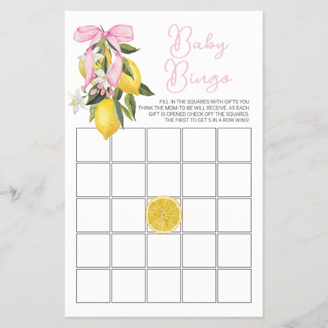 La Dolce Vita Lemon Pink Bow Baby Dusche Bingo Flyer (Vorne)