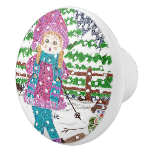 La fille de ski badine le bouton en céramique de