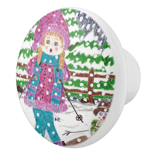 La fille de ski badine le bouton en céramique de (Droite)