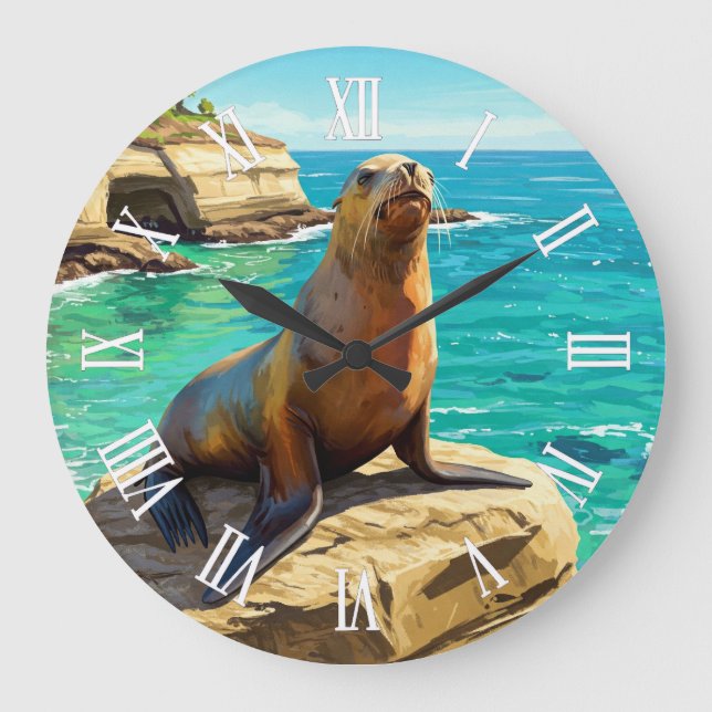 La Jolla Sea Lion California Travel Große Wanduhr (Vorderseite)