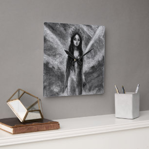La Luna Dark Angel Fairy Woman Goth Fantasy Art Quadratische Wanduhr