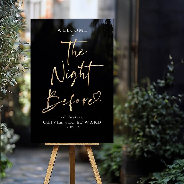 La nuit avant le dîner de répétition (The Night Before Modern Black and Gold Rehearsal Dinner Welcome Sign)