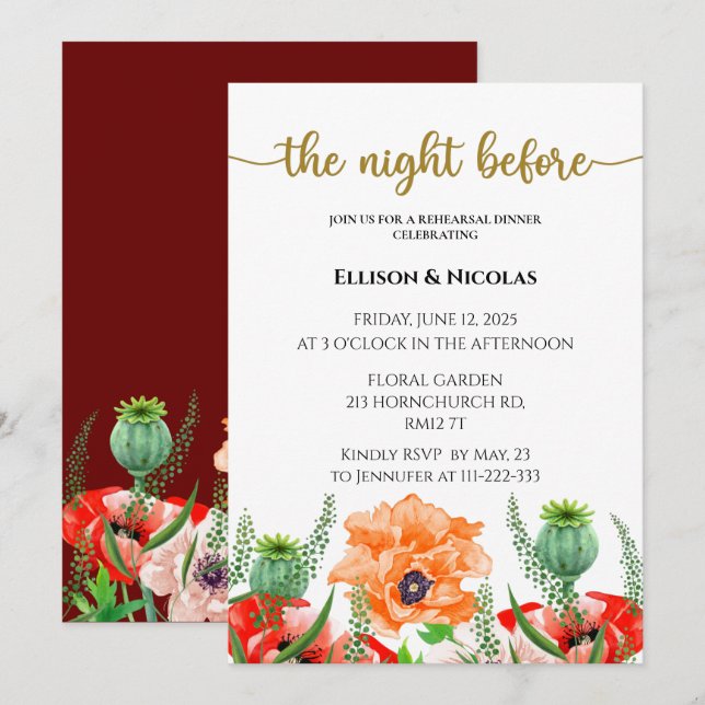 La nuit avant le dîner de répétition invitation (Devant / Derrière)
