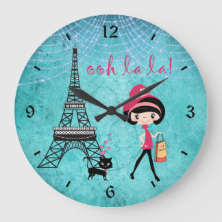 La Paris Girl und Katze mit Eiffelturm Große Wanduhr