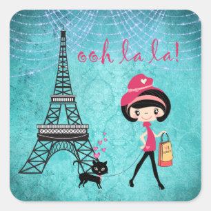 La Paris Girl und Katze mit Eiffelturm Quadratischer Aufkleber