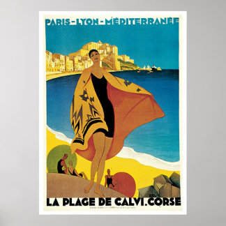 La Plage de Calvi, poster de voyage vintage