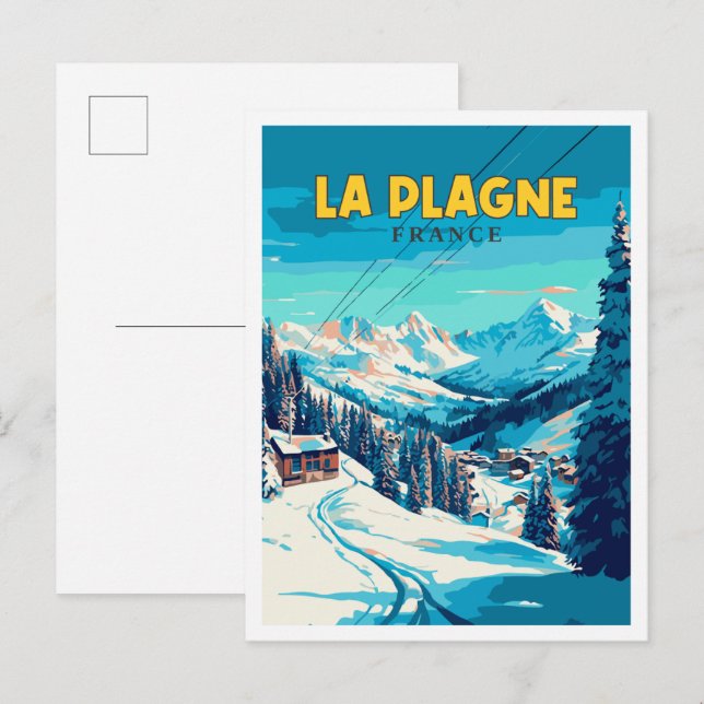 La Plagne France Vintage Illustration Postkarte (Vorne/Hinten)