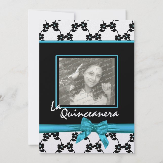 La Quinceanera Blume und Ribbon Blue Einladung (Vorderseite)