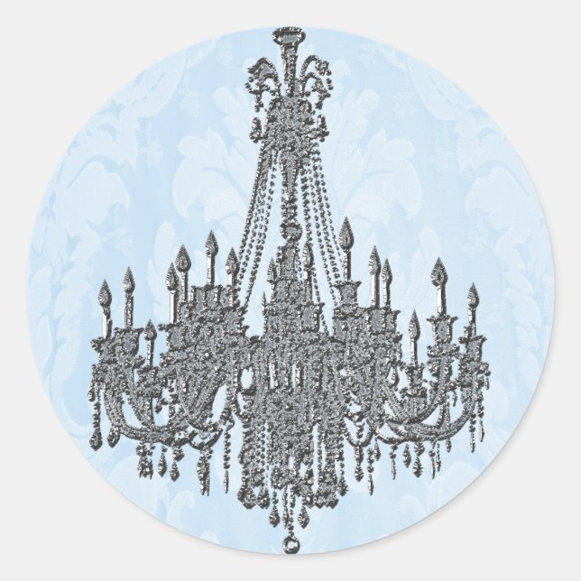 La Silver Sparkle and Damask Blau Kronleuchter Sie Runder Aufkleber (Vorderseite)