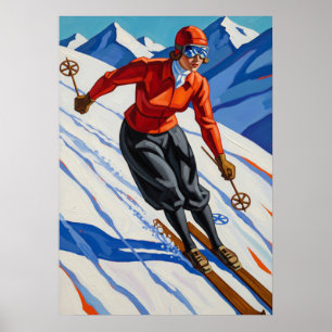 LA SKIEUSE (Die Skifahrerin) - Originale Art Deco- Poster