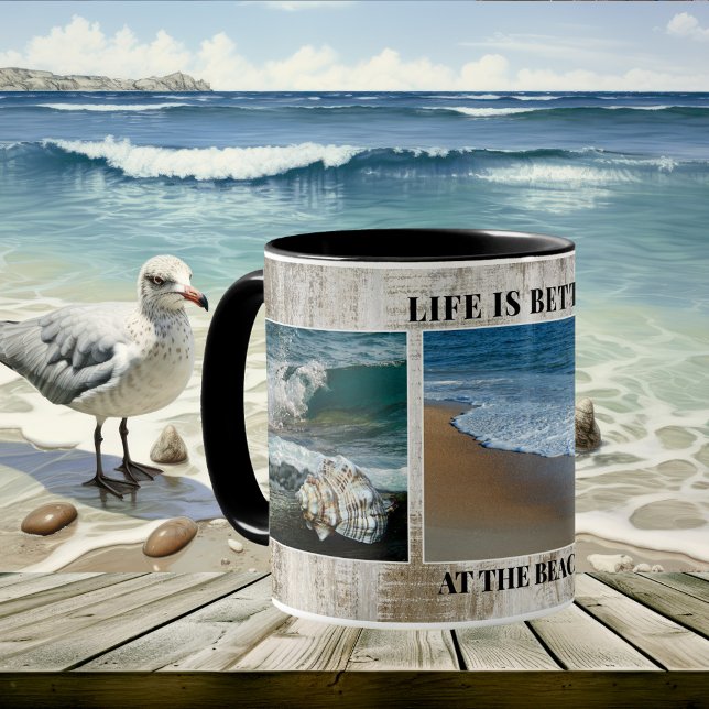 La vie est meilleure à la plage Photo Collage Mug (A photo collage mug with your own photos on a weathered wood design. Perfect for a beach house)