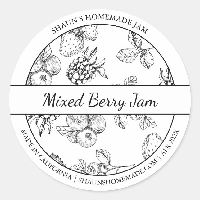 Label "Black & White Sketch Mixed Berry Jam" Runder Aufkleber (Vorderseite)