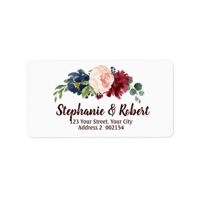Label für Wasserfarbe Burgundy Red Navy Floral Add Adressaufkleber (Vorne)