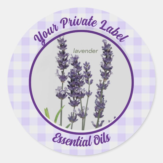 Label Lavender Gingham Private Essential Oils Runder Aufkleber (Vorderseite)