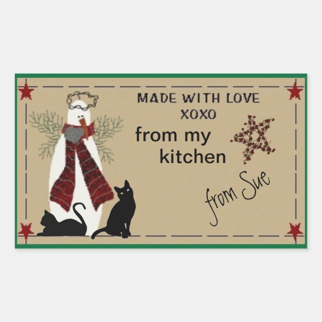 Labels für Folksy Snowman und Cats Leckerei Rechteckiger Aufkleber (Vorderseite)