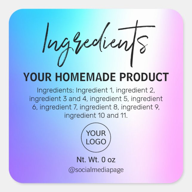 Labels für Pastell Cotton Candy Ingredients Quadratischer Aufkleber (Vorderseite)