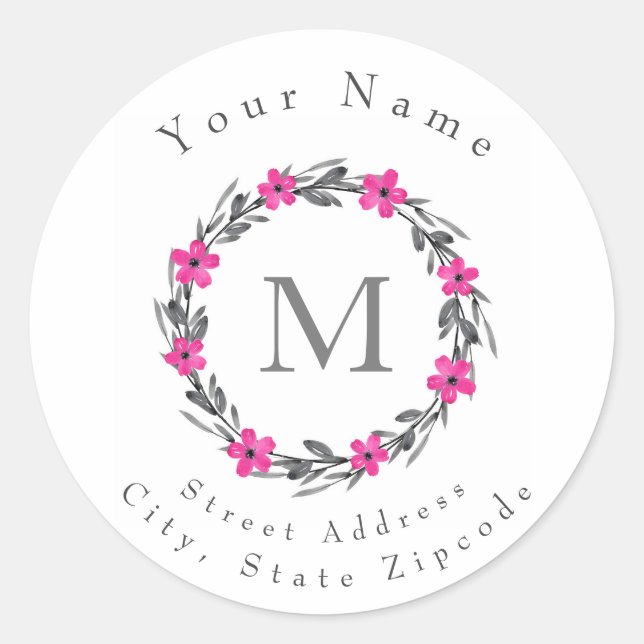 Labels "Hot Pink Grey Black Floral Wreath" Runder Aufkleber (Vorderseite)
