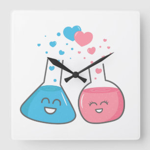 Laboratory flasks in love, we've got chemistry quadratische wanduhr