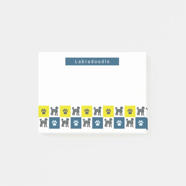 Labradoodle Dog & Paw Yellow & Blue Grid Post-it Klebezettel (Vorderseite)