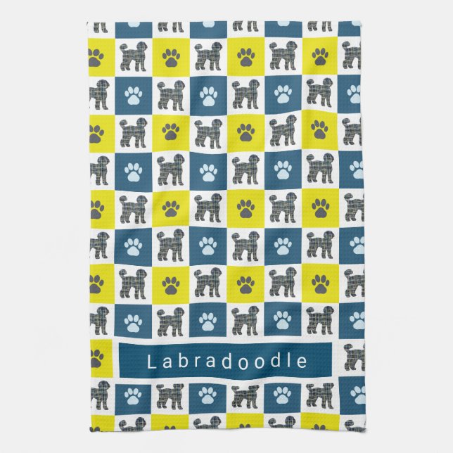 Labradoodle Dog & Paw Yellow & Blue Grid Teetuch Geschirrtuch (Vertikal)