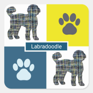 Labradoodle Dog Silhouette & Paw Y&B Grid Quadratischer Aufkleber