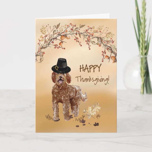 Labradoodle Funny Pilgrim Hat Erntedank Karte (Vorderseite)