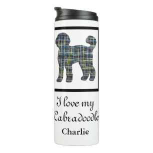 Labradoodle-Hund gelbe und blaue Silhouette Thermosbecher