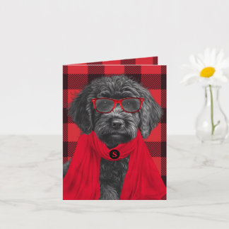 Labradoodle Hund Roter Buffalo Karo Monogrammiert Karte
