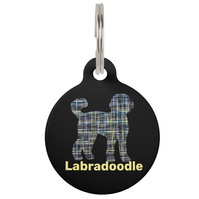 Labradoodle Hund Silhouette Gelb & Blau Gitter Lin Haustiermarke (Vorderseite)